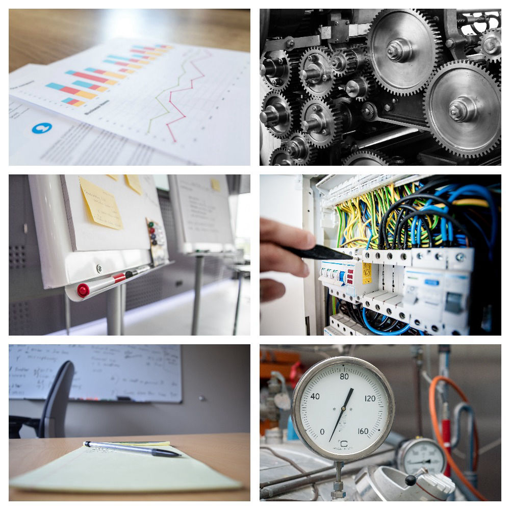 A collage displaying various representations of the services provided, such as a training environment, an electrical switchboard and machinery